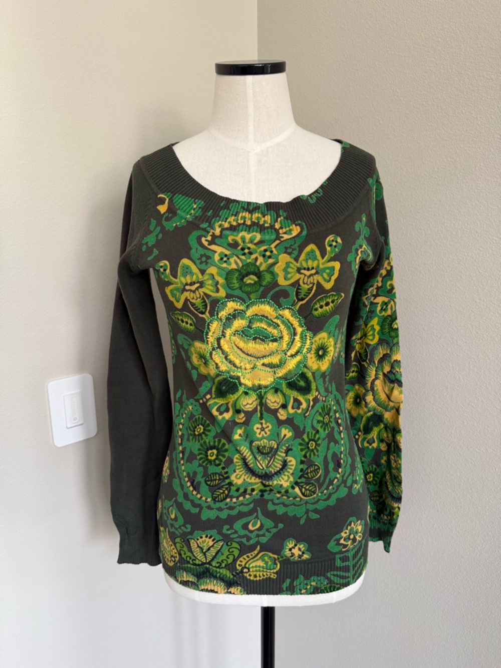 Desigual Green and Yellow Floral Scoop Neck Sweater